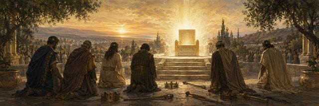 Rulers lay down their staffs and crowns as they approach a luminous seat of wisdom in the early dawn